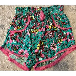 Jojoan Sleepwear Teal Floral Print Tassel Trim Smocked Waist Shorts‎